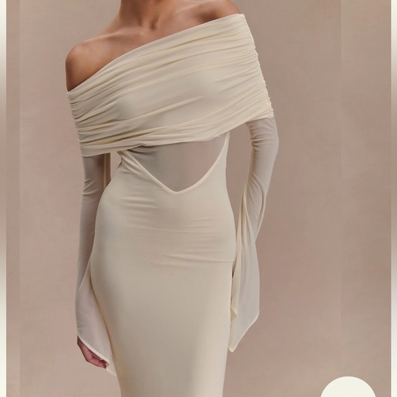 NWT Meshki Kaitlin One Shoulder Slinky And Mesh Maxi Dress - Ivory - Picture 7 of 10